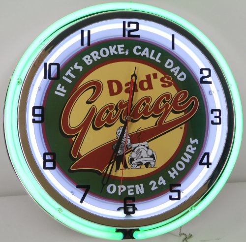 DAD'S GARAGE 18" DOUBLE NEON LIGHT WALL CLOCK MAN CAVE WORKSHOP TIN METAL SIGN GREEN - Thumbnail 3