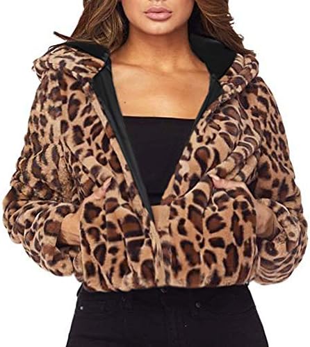Connia Hot Women Fashion Leopard-Print Faux Fur Short Plush Hoodie Jacket Winter Full Sleeve Cardigan Outwear Coat