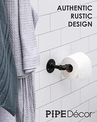 Rustic Industrial Pipe Toilet Paper Holder by Pipe Decor, Heavy Duty DIY Style, Wall Mounted Kit, Modern Chic Electroplated Black Iron Finish, Commercial Grade Metal, Slide TP Roller, Oil + Rust Free