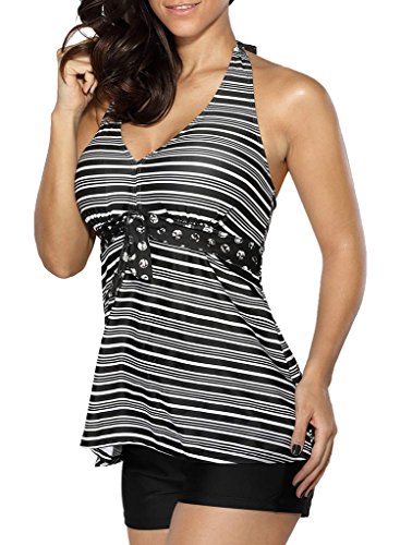 Chevron Print Halter Neck Black Tankini Set
