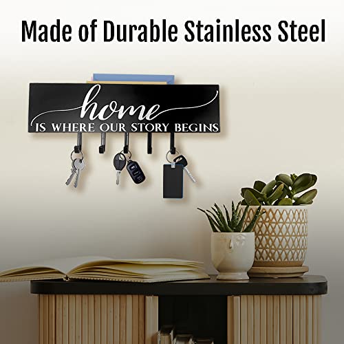 Black Key Holder For Wall With Hidden Mail Organizer - Decorative and Unique 5 Key Rack Hooks