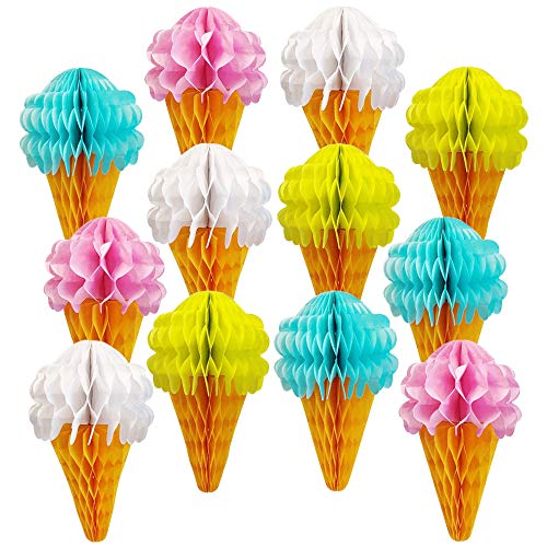Just Artifacts 12pcs Assorted Ice Cream Cone Shaped 7inch Tissue Honeycomb Decorations (Pink, Blue, Yellow, White)
