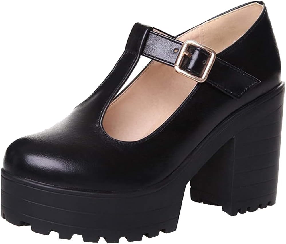 HiTime Women's Classic Platform T-Strap Pumps Shoes Buckle High Block Heels Oxfords Cosplay Dress Shoes Size 2-11