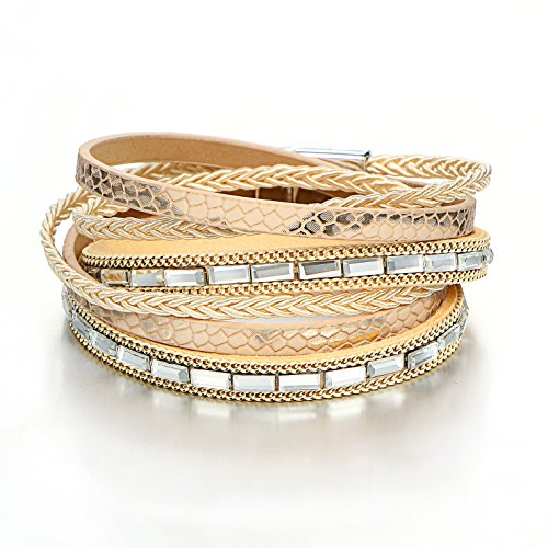 17mile Yellow Multilayer Leather Wrap Beaded Boho Crystal Rhinestone Shin Bracelet Magnetic Clasps for Bracelets Gifts for Women