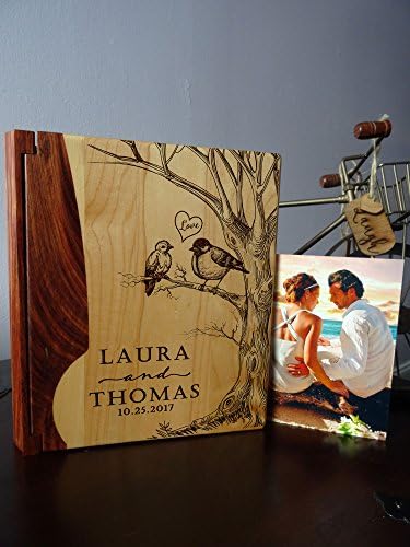 LoveToCreateStamps Personalized Wood Cover Photo Album, Custom Engraved Wedding Album, Style 127B (Maple & Rosewood Cover)