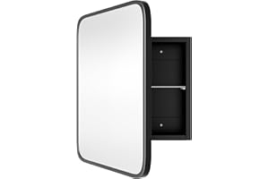 AGDULL Vintage-Style Bathroom Wood Wall Cabinet with Black Metal Frame Curved Mirror, Recessed Medicine Cabinet, Bathroom Storage Cabinet, Black, 14x18 Inch