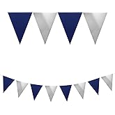Meetppy Royal Blue Silver Party Decorations 3 Pack Navy Blue and Silver Triangle Pennant Banner Flag Paper Bunting Garland for Opening Graduation Birthday Party Decoration Festival