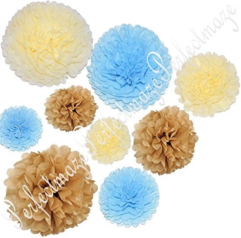 Perfectmaze Hint of Baby Blue Pom Pom Set Mix 3 Sizes 8" 10" 15" for Wedding, Birthdays, Celebrations