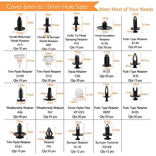 EZYKOO 465 Pcs Car Retainer Clips & Plastic Fasteners Kit 19 Most Popular Sizes Auto Push Pin