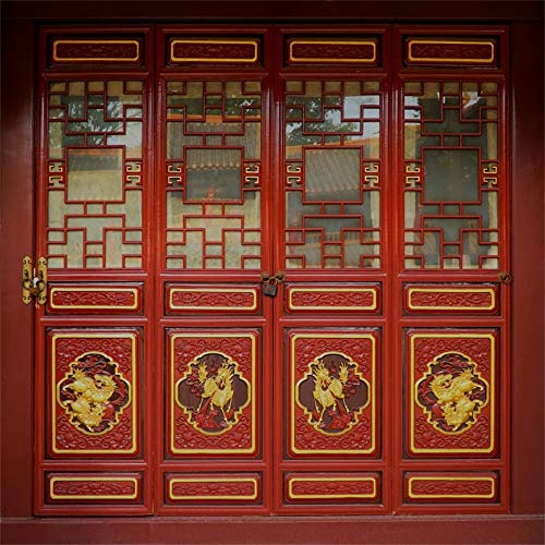 AOFOTO 10X10ft Chinese Style Wood Window Backdrop Family Portrait China Ancient Red Locked Door Royal Palace Four Panel Doors Photography Background 2019 New Year Christmas Festival Photos Prop