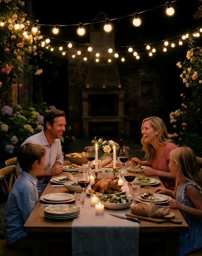 ROVLAK Outdoor Light Chain 15 m, Outdoor Garden Lights with 25 + 3 G40 LED Bulbs in Plastic, IP44 Waterproof, 2700 K Warm White Lights for Garden, Terrace, Balcony, Home Party