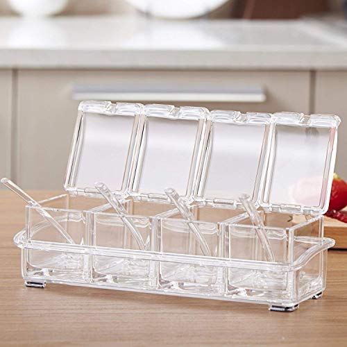 Clear Spice Rack Spice Pots - 4 Piece Acrylic Seasoning Box - Storage Container Condiment Jars - Cruet with Cover and Spoon - Spice Salt Container Sugar Storage Organizer