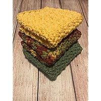 Yellow, Sage and Autumn Leaves Variegated, Crochet Cotton Dishcloth, set of 3