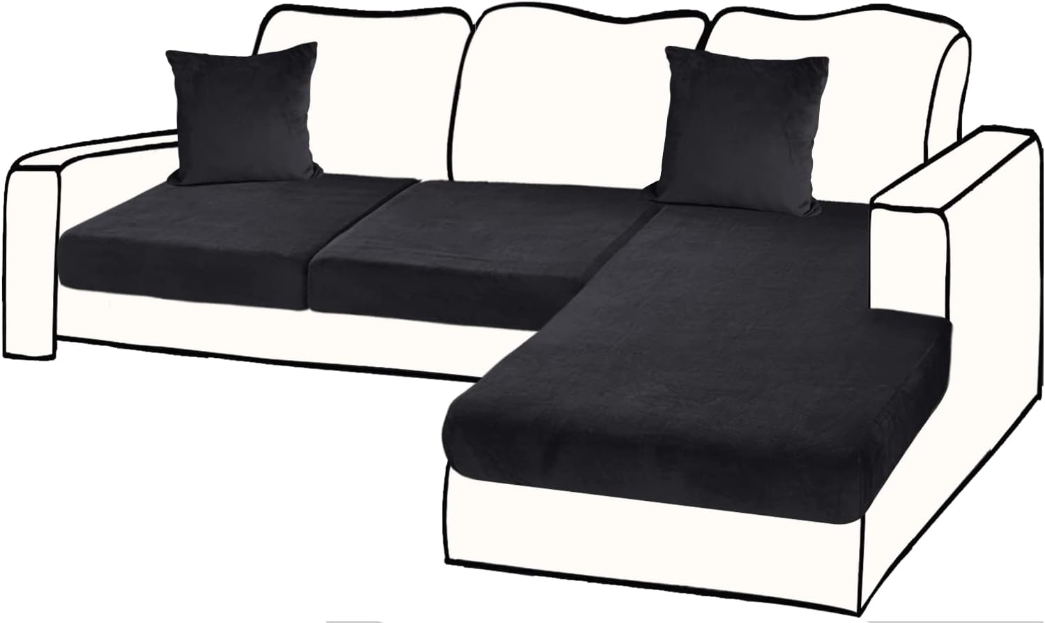 Slipcovers - BT.WA Sectional Couch Covers for 3-Piece Seat Cushion Velvet Sofa Cushion Cover L Shape Separated Couch Slipcover with 2 Pcs Pillowcases Furniture Protector (2 Seater + 1 Chaise, Black)