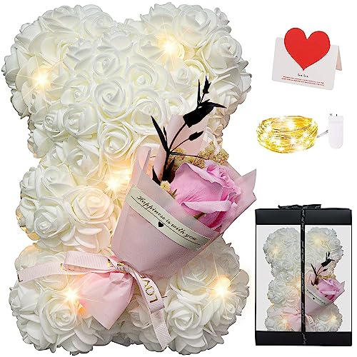 Zodight Rosenbär mit Geschenkbox + Glückwunschkarte + Lichterkette, Rosenbär mit Infinity Rosen, Ewige Rose Teddybär Handgemachter für Valentinstag Muttertag Geburtstag Hochzeit Jahrestag Geschenk
