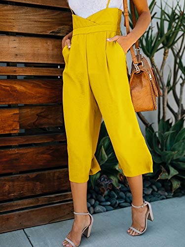 Imysty Womens Spaghetti Strap Jumpsuits Wide Leg Backless Overall Romper Pants with Pockets Yellow