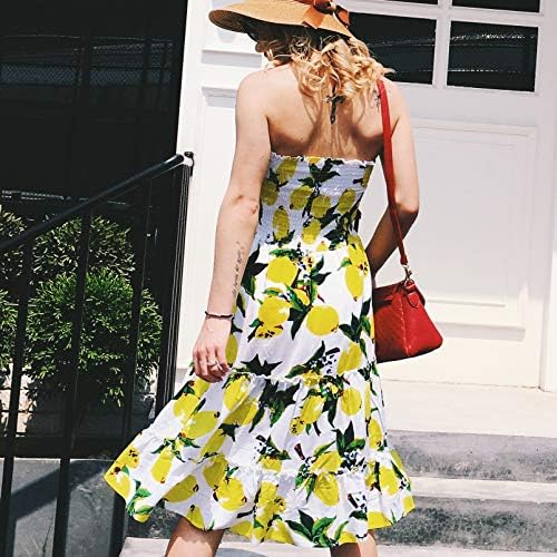 Cxlyq Wrapped Off-The-Shoulder Lemon Print Dress Holiday Wind Beach Big Swing Skirt