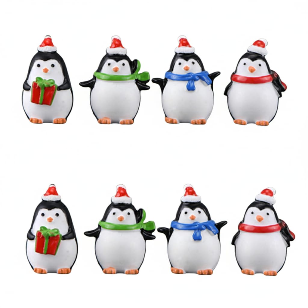 SUPVOX 8Pcs Mini Penguin Figurines, Christmas Table Decorations, Resin Polar Bear & Tree Ornaments for Xmas Cake Decor, Advent Calendar, Winter Village Micro Landscape Display