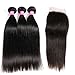 VRBest Brazilian Straight Hair Extensions 3 Bundles with Lace Closure 10A Virgin Human Hair Bundles 100% Unprocessed Hair Weaves Natural Color with 4x4 Free Closure（10 12 14 +10）