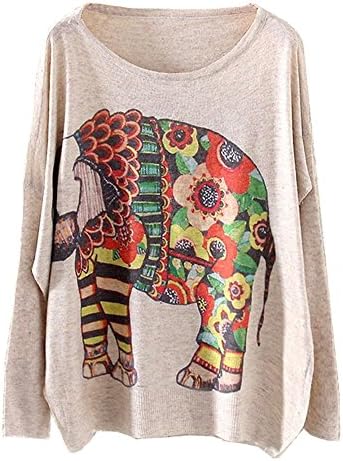 KaiTingu Vintage Women's Long Batwing Sleeve Pullover Sweater Elephant Print Beige