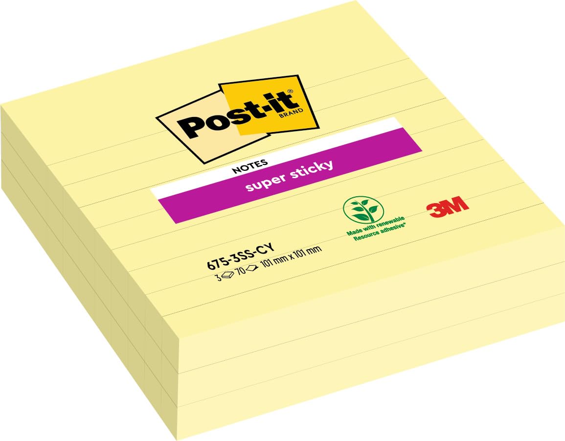 Post-it Super Sticky Large Notes, 210 Sheets, Pack of 3 Pads, 101 mm x 101 mm - Holds Strong to Many Surfaces - Canary Yellow - for Walls, Monitors and Fridge, Recycable