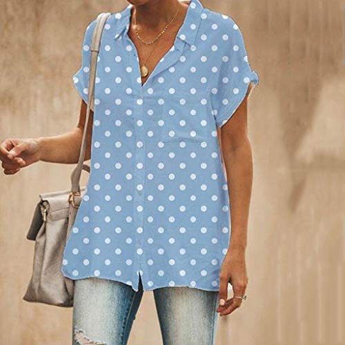 YKARITIANNA Women Turn-Down Collar Short Sleeve Pocket White Polka Dot Print Top T-Shirt - Thumbnail 6