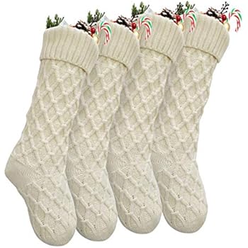 Vanteriam Pack 4 Christmas Stockings, 18'' Unique Ivory White Knit Christmas Stockings for Xmas Decorations, Set of 4