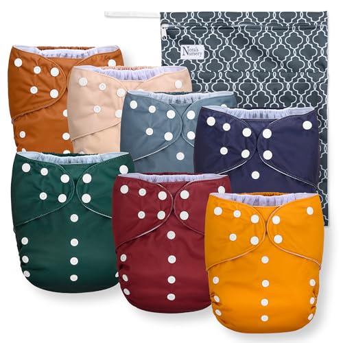 Nora's Nursery Large Pocket Cloth Diaper 7 Pack for Toddlers 35 to 55lbs with 1 Wet Bag - Waterproof Cover, Washable, Reusable & One Size Adjustable - Pacific Neutrals