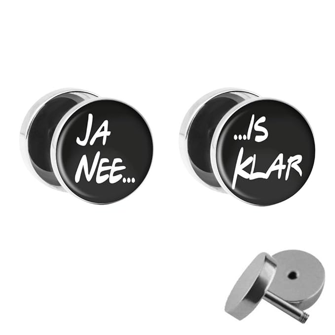 Treuheld® | Set - Ja nee is klar - 2 WITZIGE Ohrstecker zum Schrauben mit LUSTIGEM Spruch | SCHWARZ/WEIße Fake Plugs Ohrringe