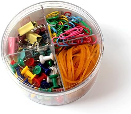 Stationery Office Supplies Round Box Set | Binder Clips, Paper Clips, Rubber Bands &amp; Push Pins In Assorted Colors | Organize Reading, Workplace, School, Home &amp; Study Room