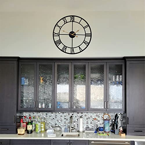 Qukueoy 16 Inch Large Metal Wall Clock Home Decorative Industrial Clocks with Big Roman Numerals,Retro Oversized Clock for Living Room Decor,Battery Operated(Black-Roman)