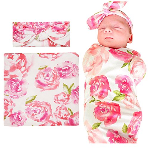 Newborn Baby Swaddle Blanket and Headbands Set Soft Floral Wrap Receiving Blankets for Spring Summer