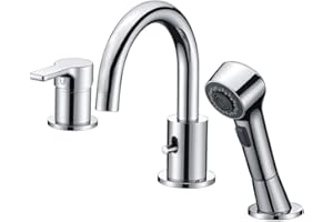 CREA Bathroom Faucet 3 Hole Bathtub Widespread Sink Faucets Chrome with Shower Diverter Pull Out Shower Head Roman Bathtub Waterfall Spout Filler Faucet for Baby Pet Dog Cat Bath Hair Washing