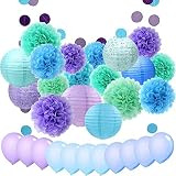 ZJHAI 34pcs Paper Flower Pom Pom and Paper Lantern, Mermaid Party Decorations, Polka Dot Paper Garland, Balloon for Party, Celebration, Nautical Themed Ball
