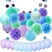 ZJHAI 34pcs Paper Flower Pom Pom and Paper Lantern, Mermaid Party Decorations, Polka Dot Paper Garland, Balloon for Party, Celebration, Nautical Themed Ball primary