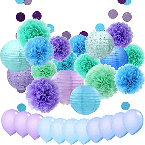 ZJHAI 34pcs Paper Flower Pom Pom and Paper Lantern, Mermaid Party Decorations, Polka Dot Paper Garland, Balloon for Party, Celebration, Nautical Themed Ball