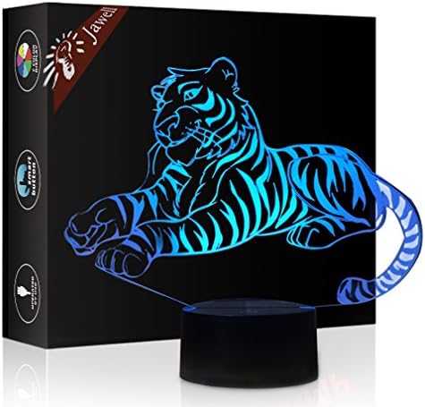 Christmas Gift Tiger 3D Illusion Night Light Beside Table Lamp, Jawell 16 Colors Auto Changing Touch Switch Desk Birthday Present with with Remote Control