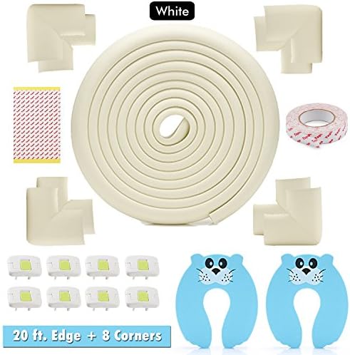 Edge &amp; Corner Guard Set - 20ft Foam Sharp Edge and 8 Corner Protector: Baby &amp; Child for Furniture, Table, Chair, Console, Wall Protector Package, Door Stopper - Electrical Socket Cover (White)