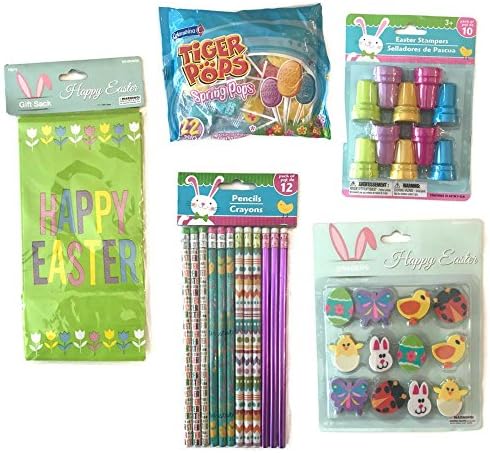 Happy Easter Favor Bag Bundle: Included Happy Easter Bags, Easter Pencils, Easter Stamps, Easter Erasers, and Easter Egg Lollipops