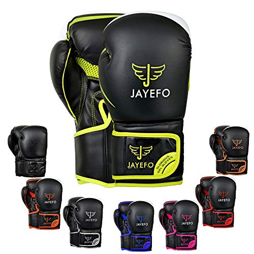 Jayefo Glorious Boxing Gloves Muay Thai Kick Boxing Leather Sparring Heavy Bag Workout Pro Leather Gloves Mitts Work for Men & Women (Black/Green, 6 OZ)