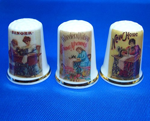 Birchcroft Porcelain China Collectable - Set of Three Thimbles - Sewing Lady Posters