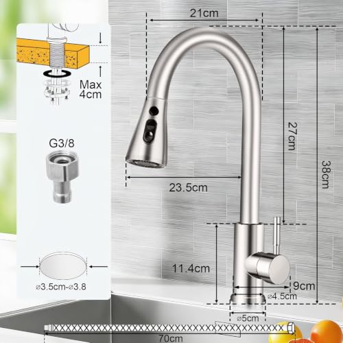 Kitchen Sink Tap with 3 Modes, Kitchen Mixer Tap with Pull-Out Shower, 50 cm, 360° Swivel Spout, SUS 304 Kitchen Tap, Kitchen Taps with G3/8 Inch Connection