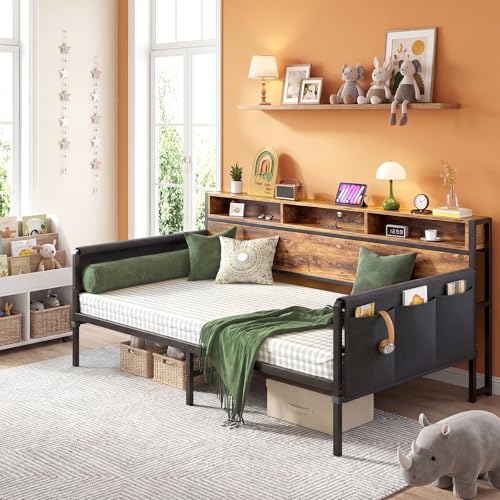 112*195*105CM Grande Sofa, Sofá Cama, Sofá Cama Individual con Respaldo con Almacenaje, luz LED y Toma de Corriente, Sofá Para Sala Apto Para Colchón de 100*190 (Sin Colchón)（Color Retro）