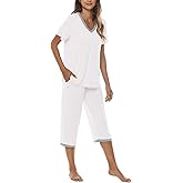 JINSHI Women's Pajamas Set Short Sleeve Top and Capri Pants Lightweight Sleepwear Comfy Pjs Lounge Set with Pockets