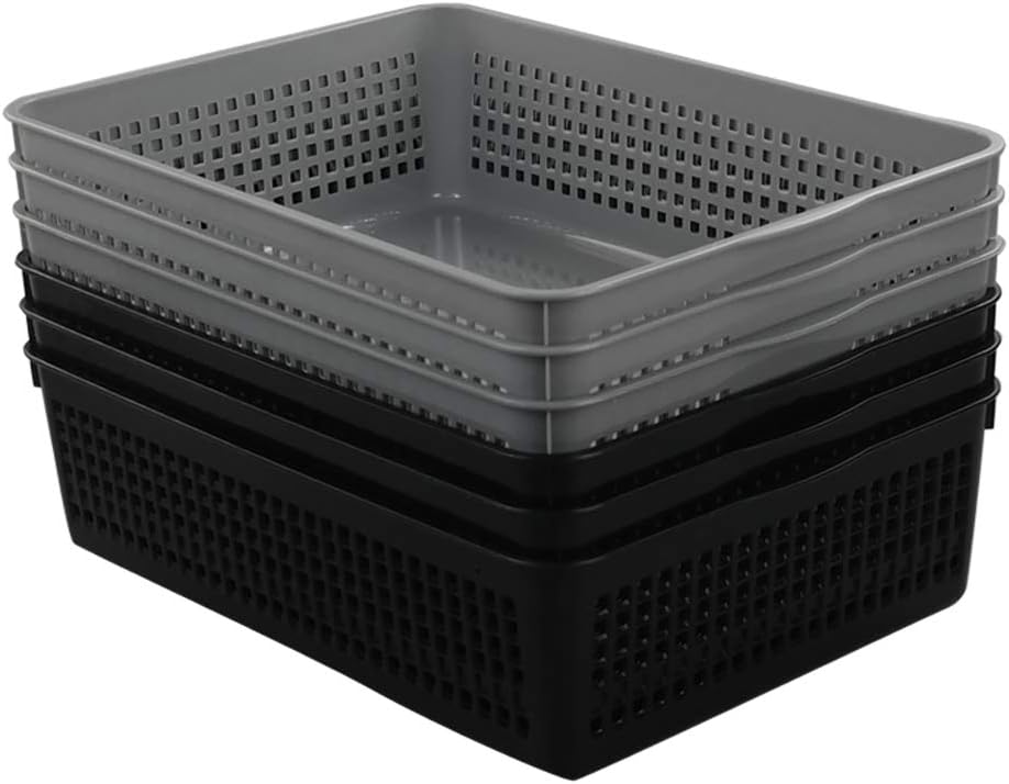 6 Schwarze Aufbewahrungskörbe A4, Rechteckig | Organizer Für Büro, Küche & Bad, Kunststoff Mit Rattan-Optik