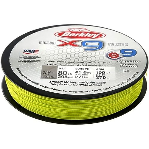 Berkley X9 Braided Fishing Line - 9 Strand Braid Line for Saltwater and Freshwater Fishing, Unisex,, Flame Green, 45.6kg| 295yd | 270m