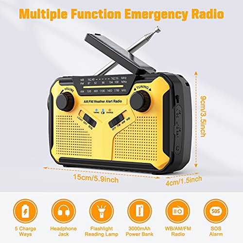 Emergency Radio, 2021 Newest Hand Crank Radio, Portable Solar Emergency Supplies, AM/FM NOAA Weather Radio with LED Flashlight&Reading Lamp, 3000mAh Power Bank for Phone, SOS Alarm for Survival