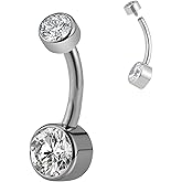 FINE4U ASTM F136 Solid Titanium Belly Button Ring 14G 8mm 10mm 12mm - Hypoallergenic Belly Piercing Jewelry with Cubic Zirconia, Short Bar Navel Piercings Gift for Women