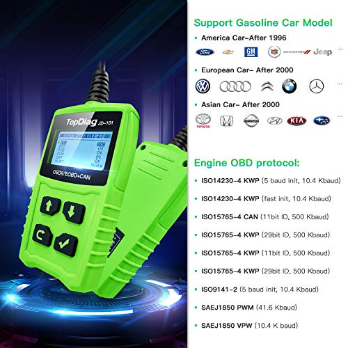 JD101 Universal Code Readers Engine Scan Tool Check Engine Light Car Diagnostic Tool OBD2 Scanner with Battery Test for for All Cars Vehicles Automotive After 1996