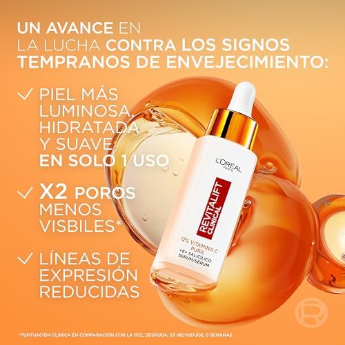 L'Oréal Paris Sérum Facial 12% Pura Vitamina C , Piel más luminosa y poros menos visibles, Reduce las arrugas, la despigmentación y los poros, Revitalift Clinical, 30 ml
